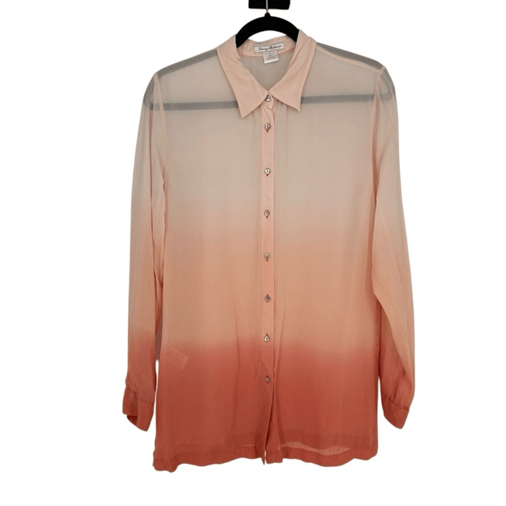 Vintage Tommy Bahama Womens M 100% Silk Button Up Shirt Ombré Orange Summer